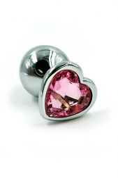 Анальная пробка Silver Medium Heart с нежно-розовым кристаллом