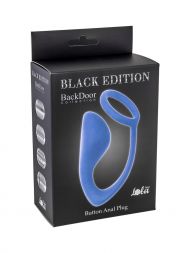 Голубая анальная пробка Button Anal Plug Black Edition с кольцом
